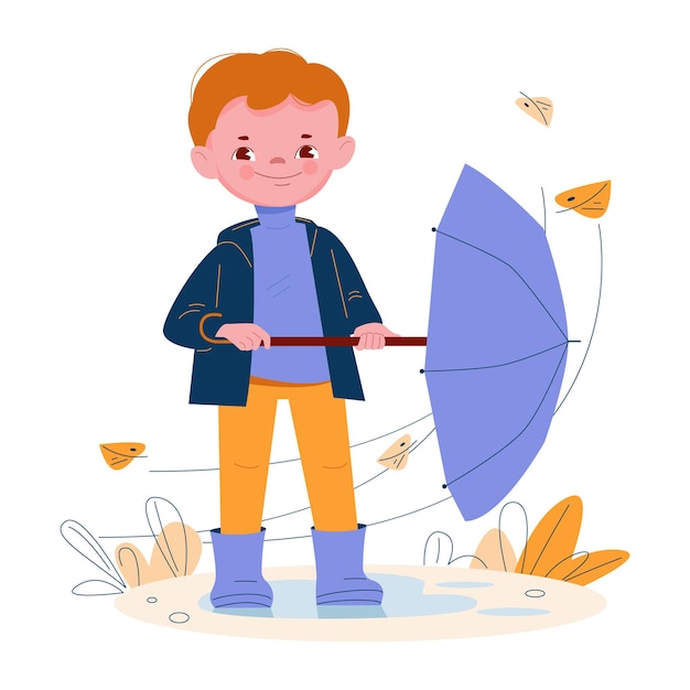 Cute little boy with umbrella in rubber boots Windy weather autumn leaves