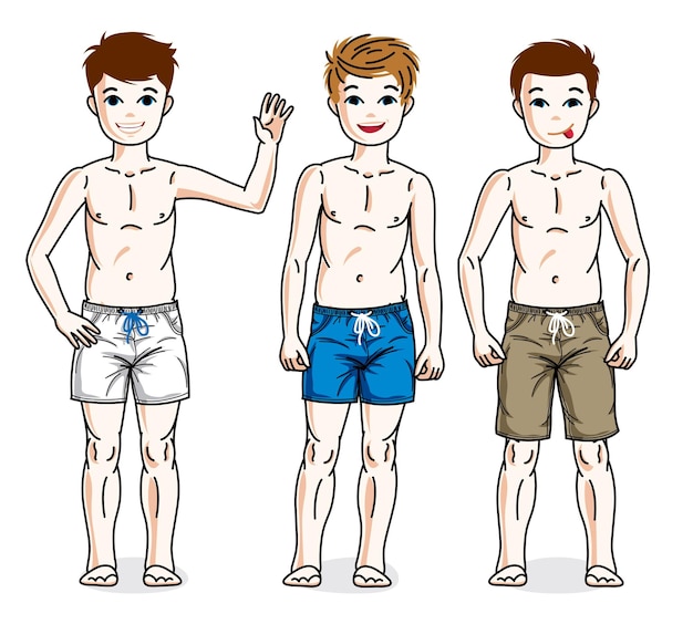 Cute little boys children standing wearing beach shorts. Vector kids illustrations set.