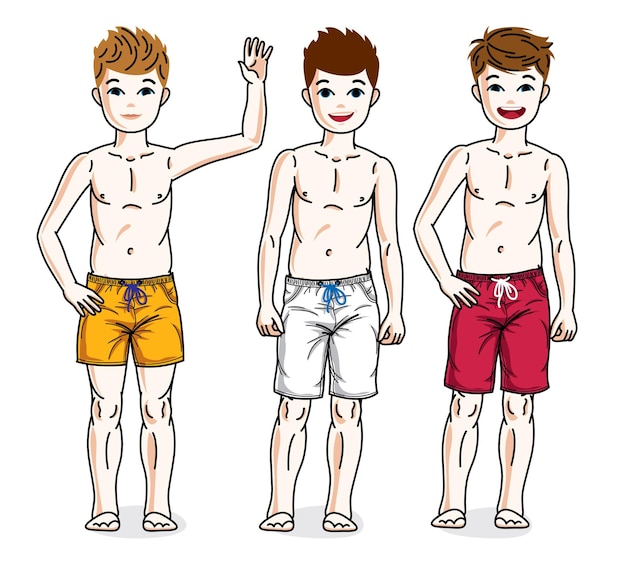 Cute little boys children standing wearing beach shorts. Vector kids illustrations set.