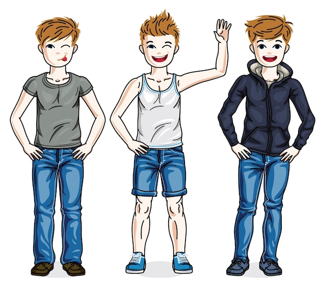 Cute little boys children standing wearing fashionable casual clothes. Vector kids illustrations set.