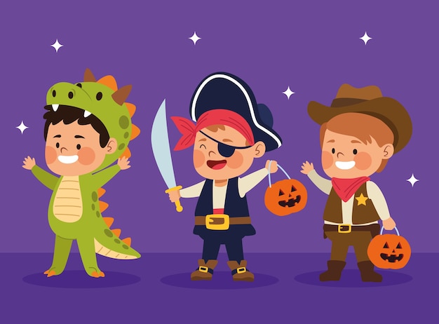 Cute little boys dressed as a differents characters vector illustration design