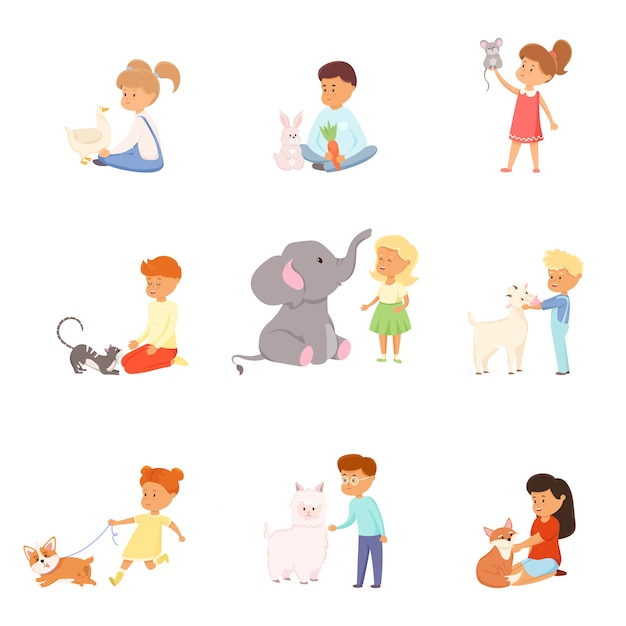 Cute little boys and girls playing with animals set. Adorable kids caring for wild and domestic animals concept.