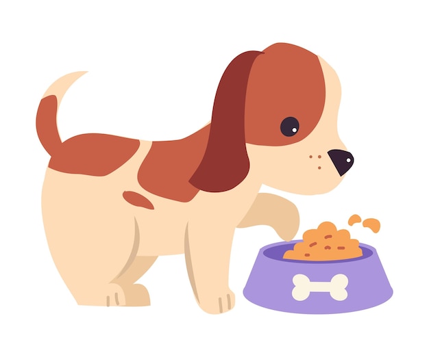 フードボウルで食べている可愛い小さな茶色い子犬のベクトルイラスト