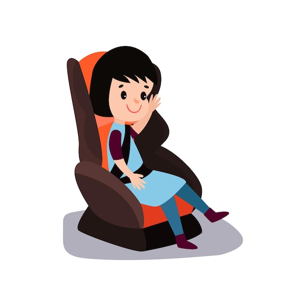 Vector cute little brunette girl sitting on a car seat wearing seat belt, safe child traveling cartoon vector illustration isolated on a white background