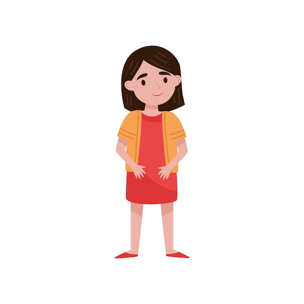 Cute little brunette girl standing vector Illustration isolated on a white background