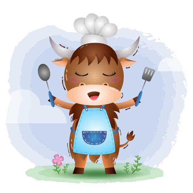 Vector a cute little buffalo chef