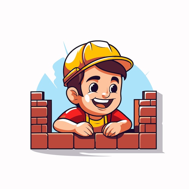 Cute little builder boy in helmet with brick wall vector illustration