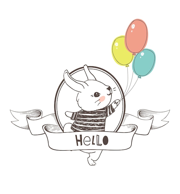 Cute little bunny dressed in striped t-shirt holding colorful balloons inside round frame