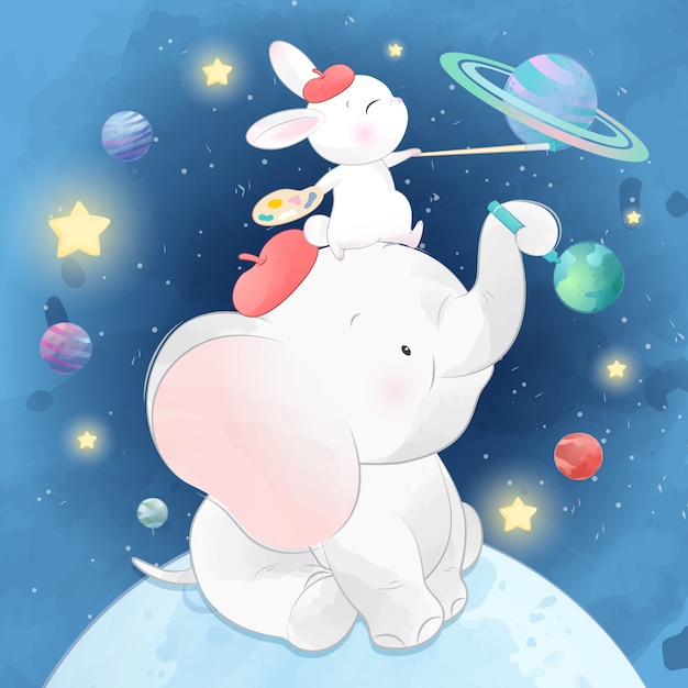 Cute little bunny and elephant painting a planet