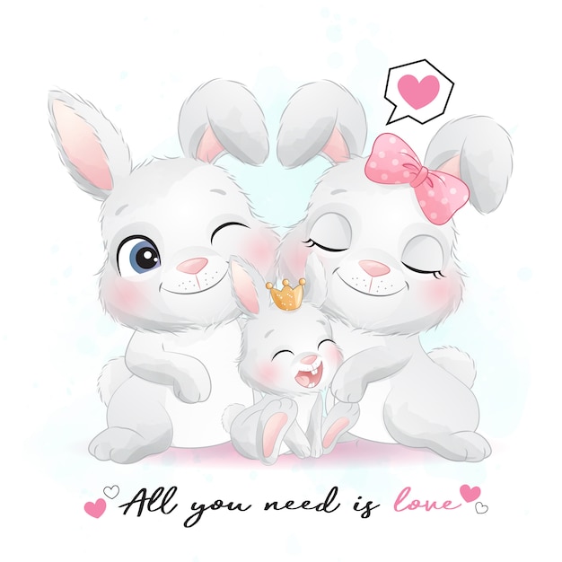 Cute little bunny family with watercolor illustration