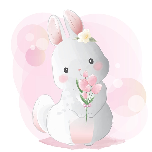 Vector cute little bunny holding tulips