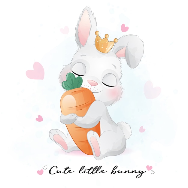 Vector cute little bunny hugging carrot illustration