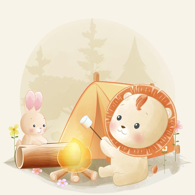 Cute little bunny and lion roasting marshmallow on campfire watercolor illustration