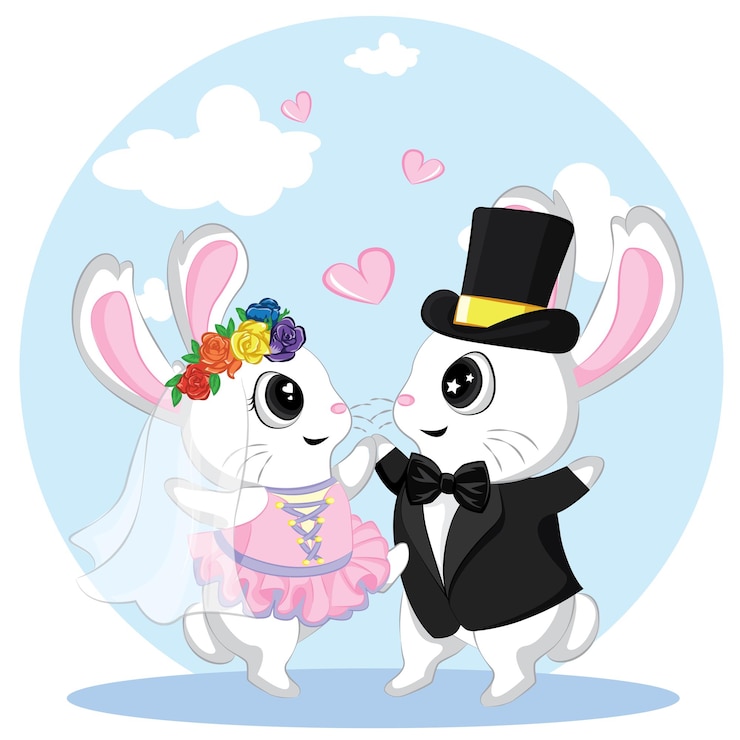 Vector cute little bunny in love valentines day illustration of wedding couple of bunnies just married