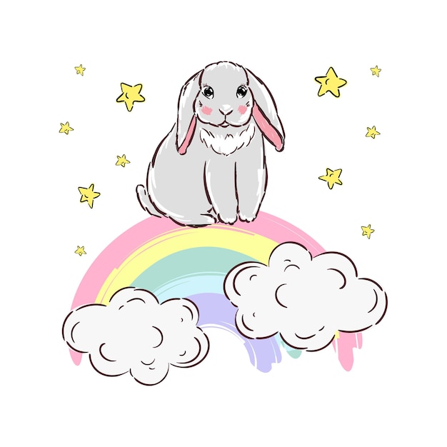 Cute little bunny on rainbow Print for tshirt vector design