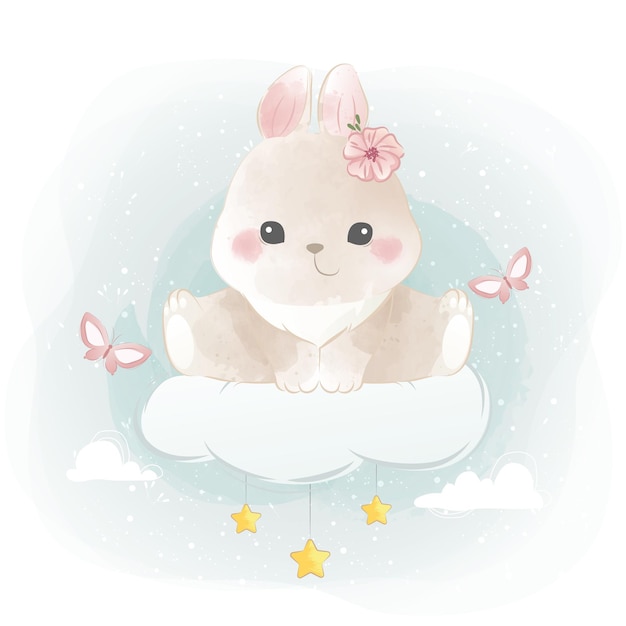 Cute Little Bunny Sitting on Cloud