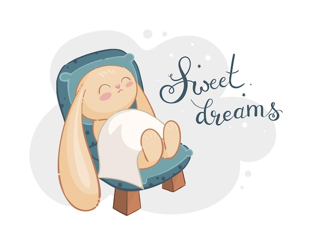 귀여운 작은 토끼는 큰 녹색 안락의자 아래에서 잔다. 레터링 달콤한 꿈. 만화 캐릭터.