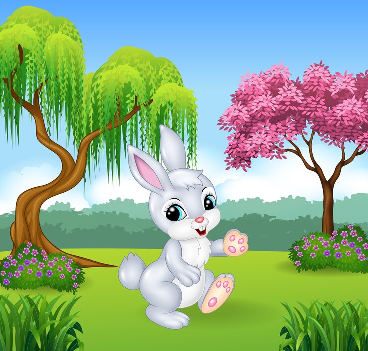 Vector cute little bunny walking in the forest