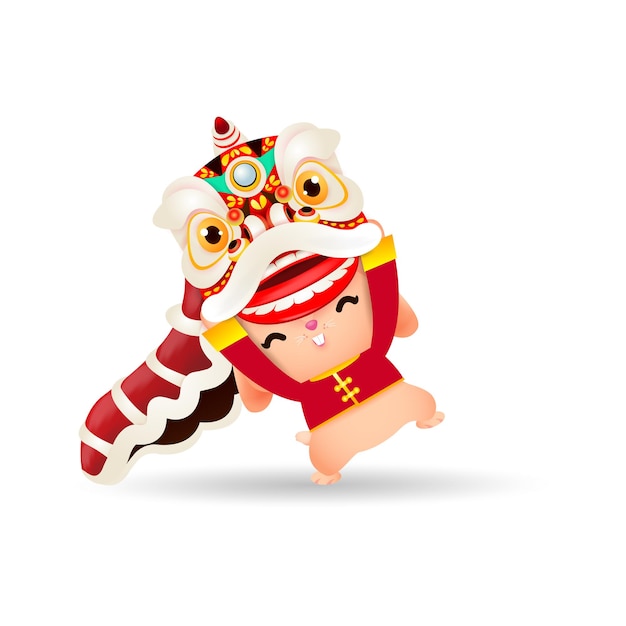 Cute little bunny with lion dance, happy chinese new year 2023 greeting card, the year of the rabbit