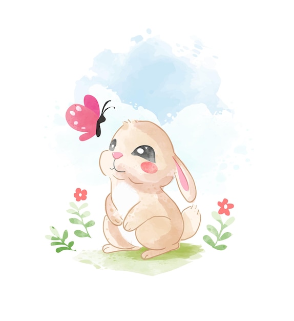 cute little bunny with pink butterfly illustration