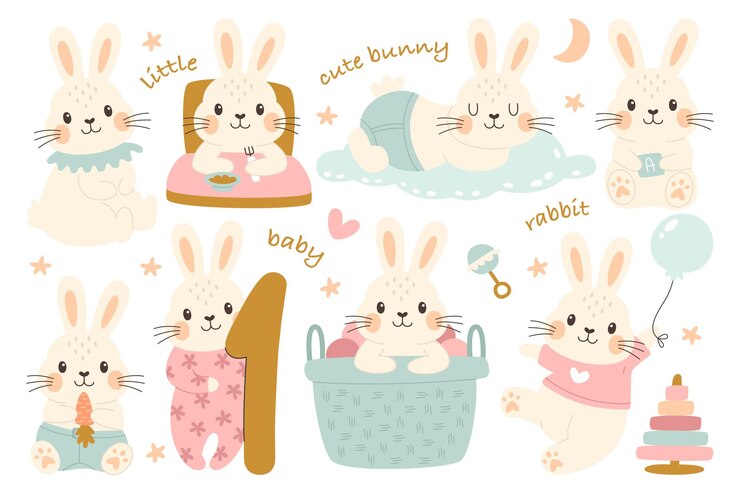 Vector cute little bunny woodland animal design for baby shower one year birthday anniversary celebration