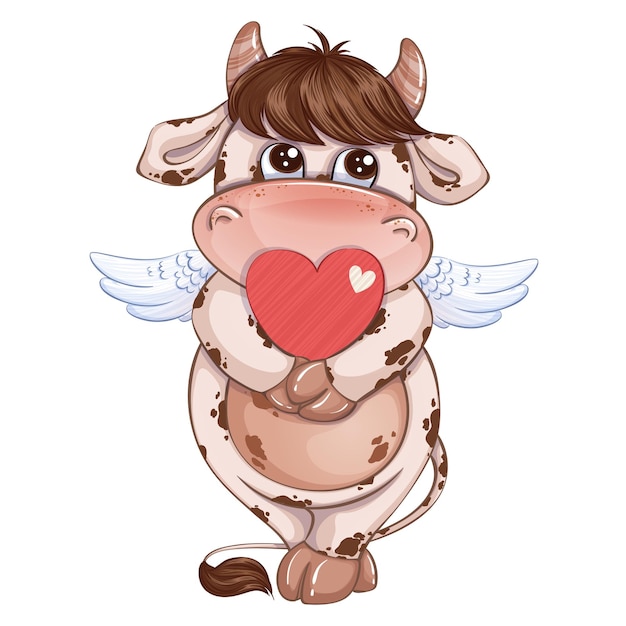 Vector cute little calf boy with cupid wings holds a heart