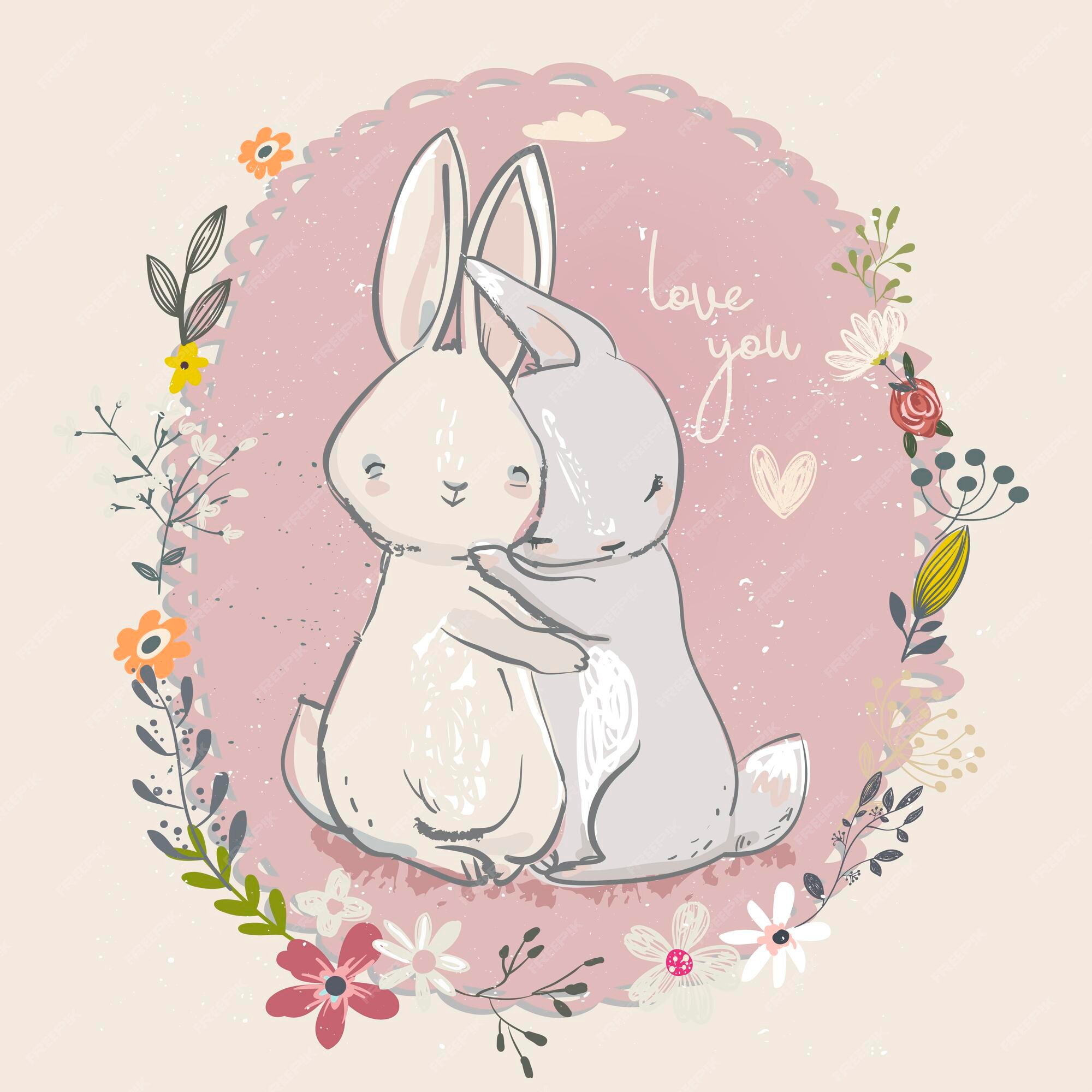 Premium Vector | Cute little cartoon hares with flower frame