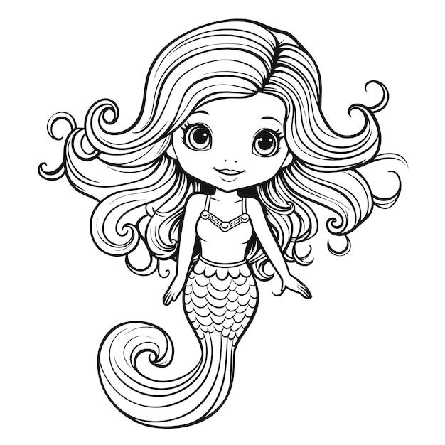 Cute Little Cartoon Mermaid Long Hair Coloring Pages eps