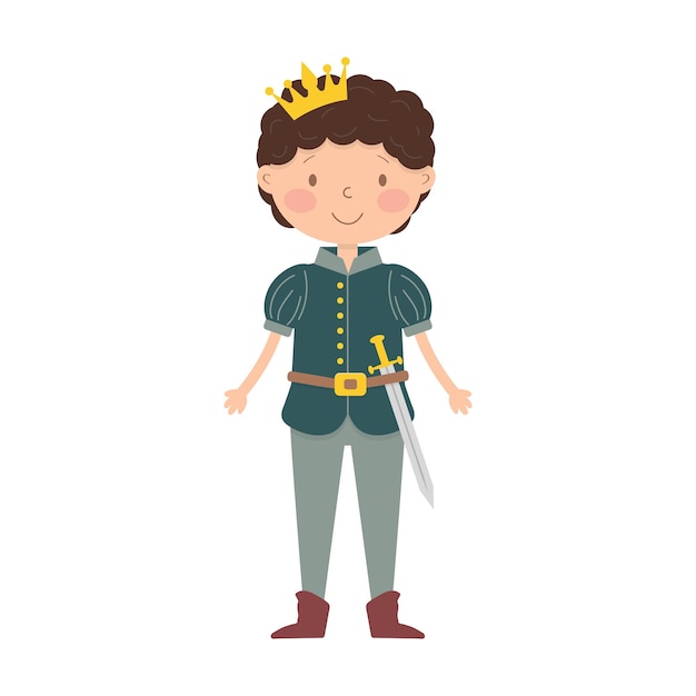 Cute little cartoon prince with a sword. Isolated on a white background.