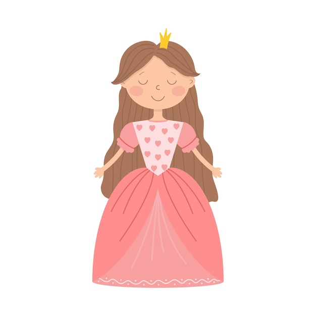 Cute little cartoon princess in a pink dress isolated on a white background