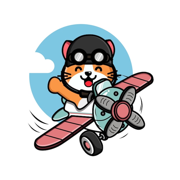 Cute little cat flying with airplane illustration