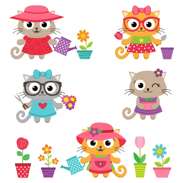 Cute little cat girls con attrezzi da giardinaggio