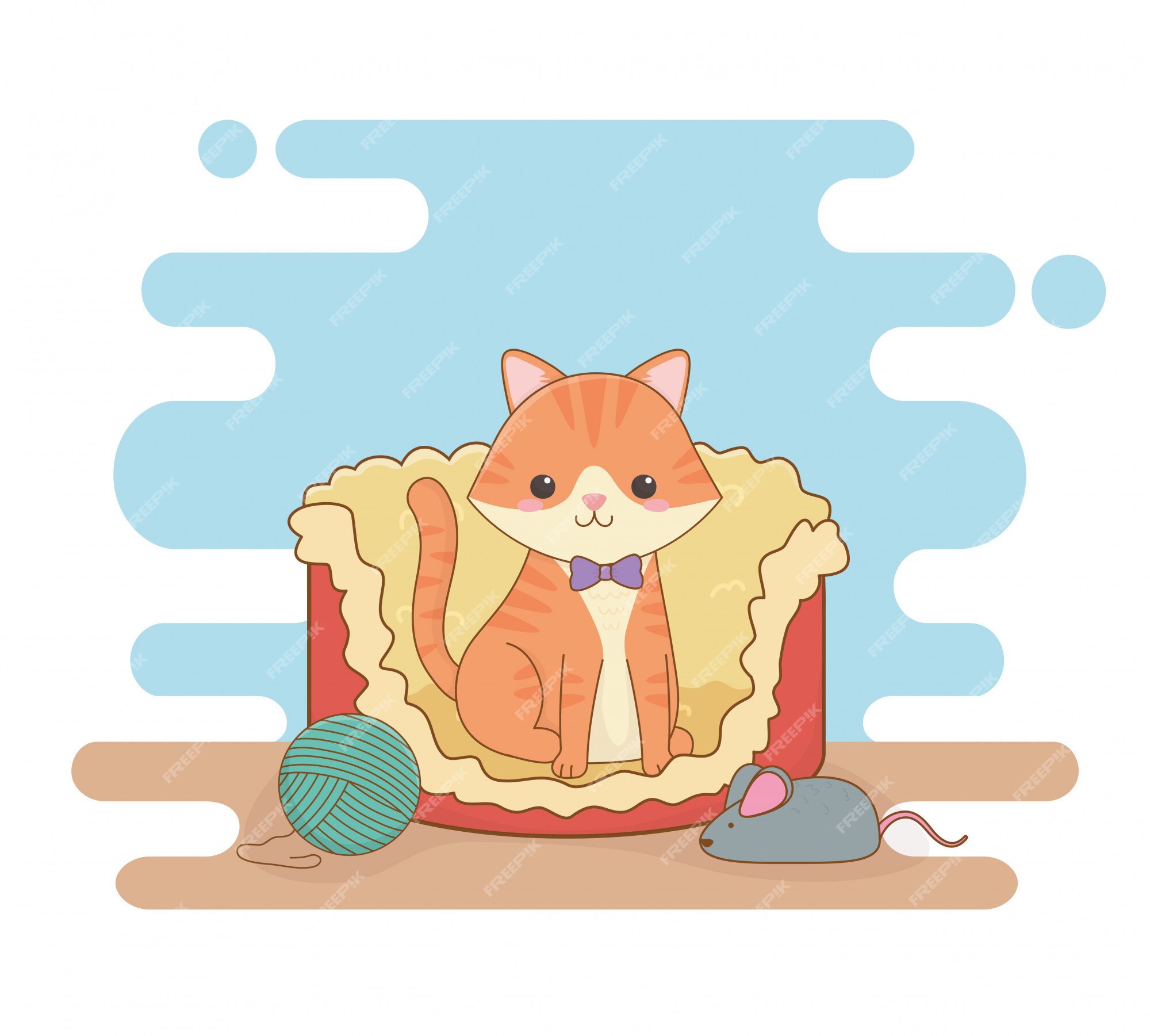 Premium Vector | Cute little cat mascot in bed with wool roll and mouse Premium Vector | Cute little cat mascot in bed with wool roll and mouse