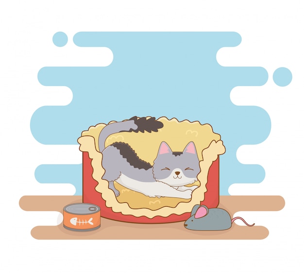 ベクトル マグロ缶とマウスが付いているベッドでかわいい猫マスコット