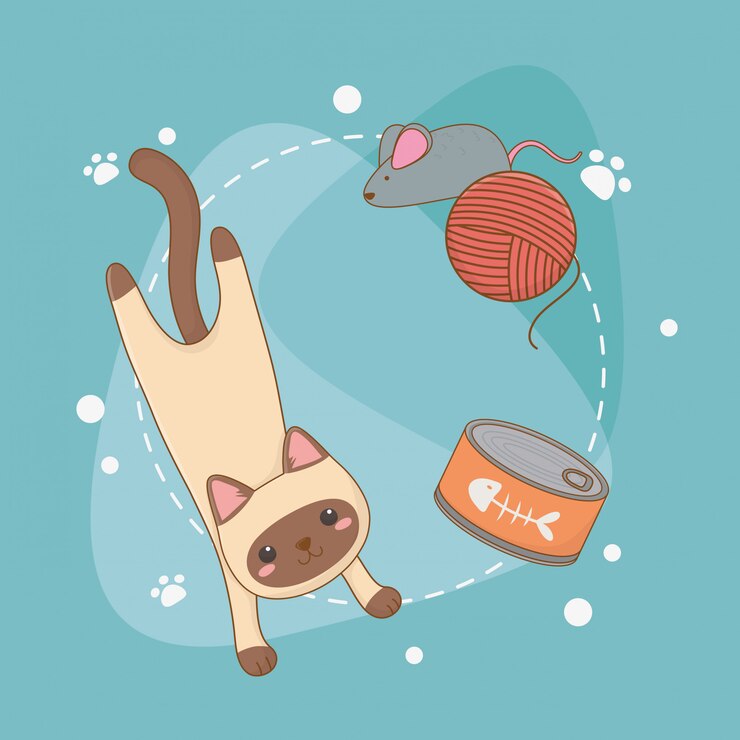 Vector cute little cat mascot with tuna can and wool roll