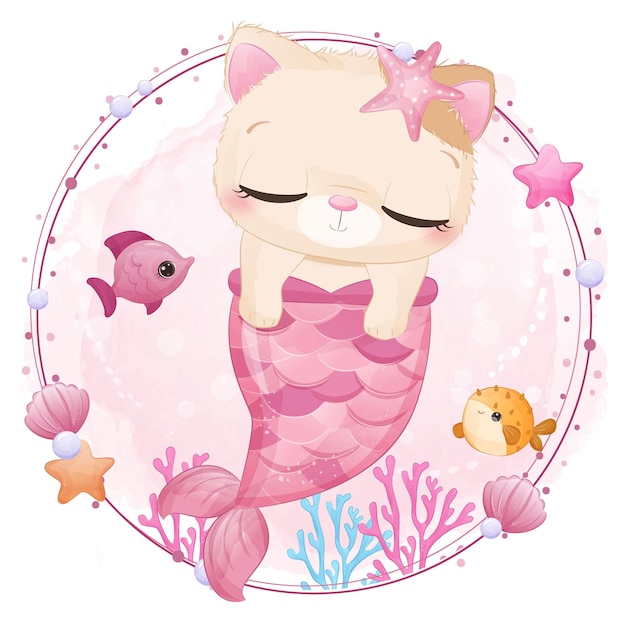 Vector cute little cat mermaid in watercolor illustration