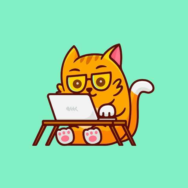 cute little cat working in front of a laptop cartoon illustration