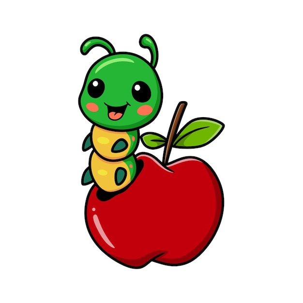 Cute little caterpillar cartoon comes out from of the red apple