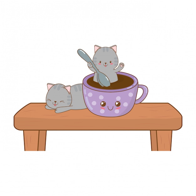 Cute little cats with chocolate mug kawaii characters