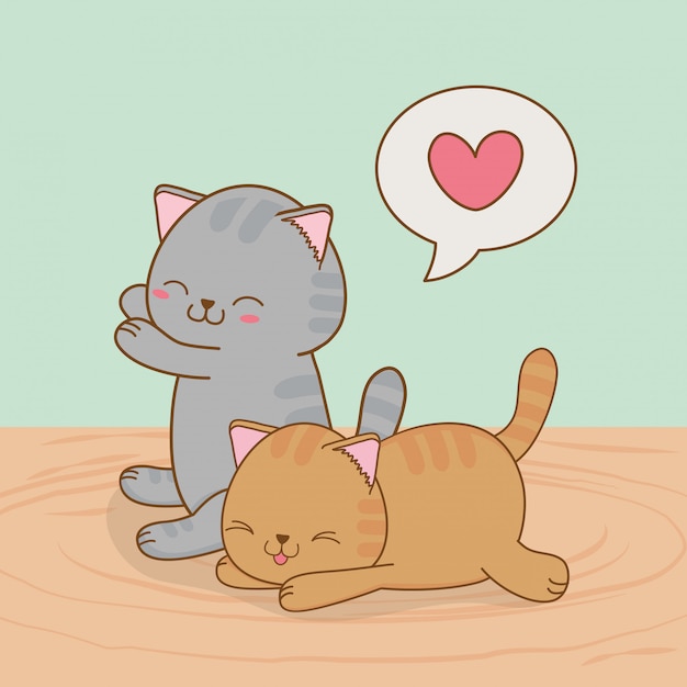 Vettore simpatici gattini con cuore in caratteri di fumetti kawaii