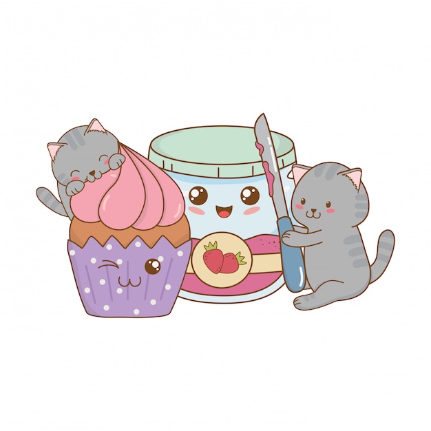 Cute little cats with strawberry jam kawaii characters