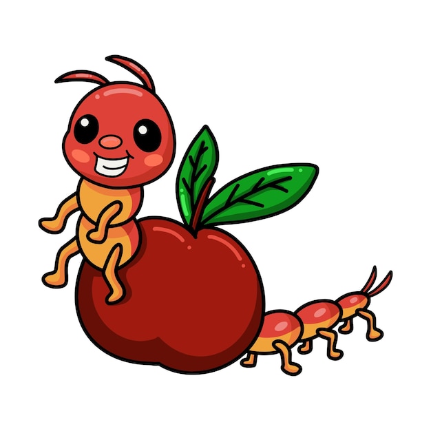 Cute little centipede cartoon with red apple