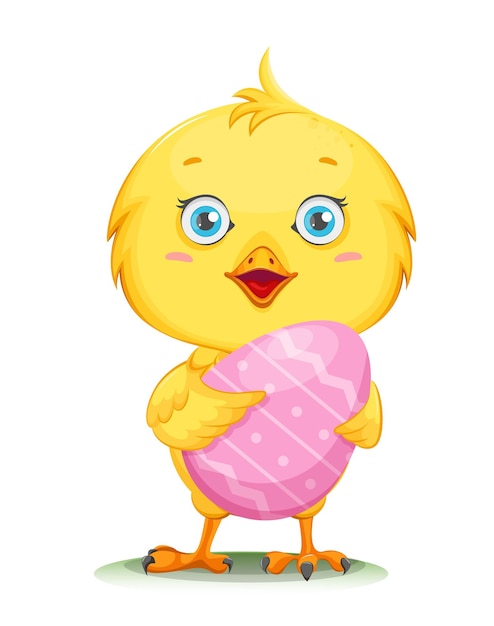 Cute little chick holding colored egg Happy Easter Funny baby chicken