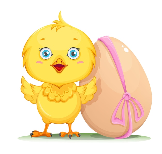 Cute little chick standing near decorated egg Happy Easter Funny baby chicken