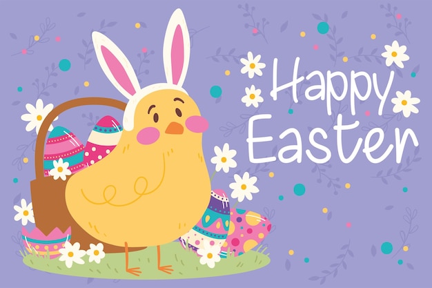 Cute little chicken and a basket with painted eggs Easter week Vector illustration