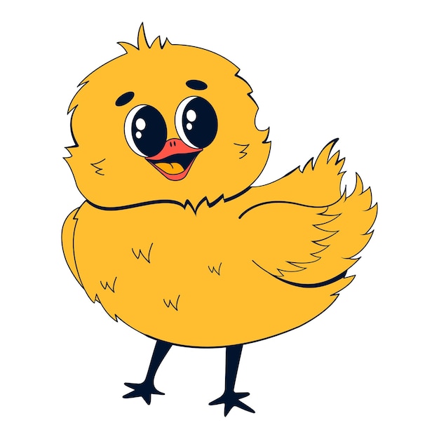Cute little chicken character in retro cartoon style Vector illustration of a small yellow bird