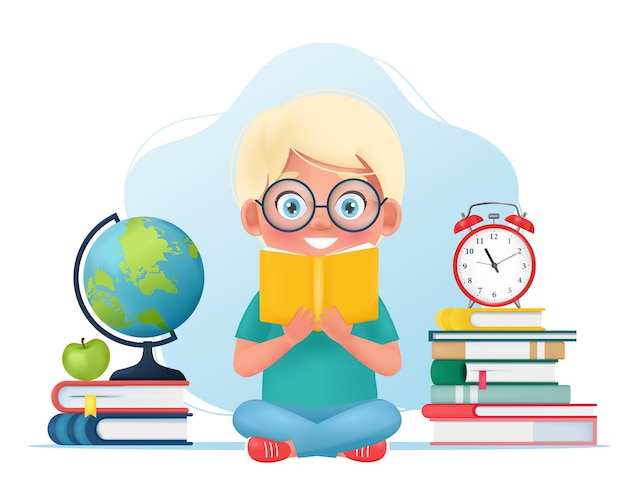 Cute little child holding book in hands and is reading a book vector illustration in cartoon style