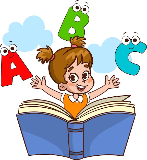 책 벡터 삽화를 읽는 귀여운 아이. 읽고 쓰는 법을 배우는 아이들.