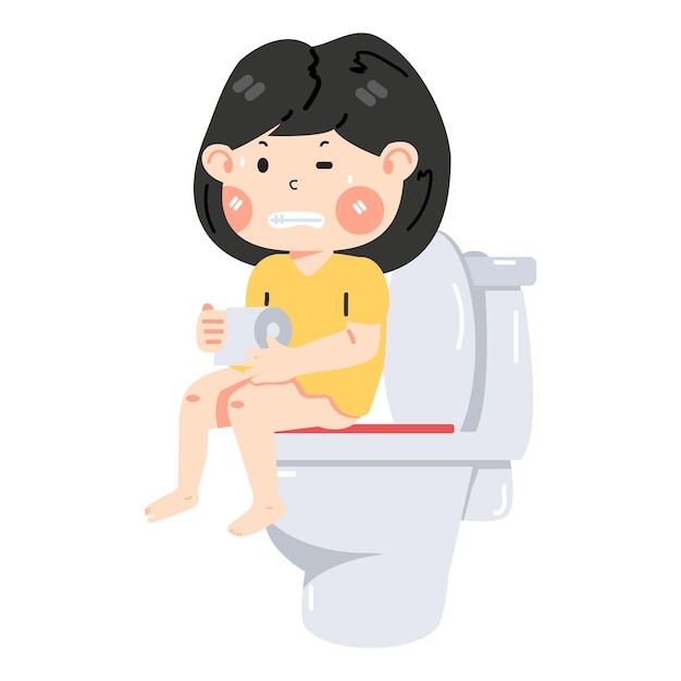 Cute little child sitting on toilet with paper roll in hand