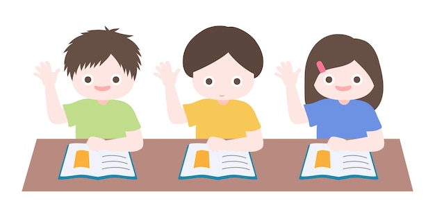 Cute little children reading book, raising their hands for questions in classroom. Back to school.